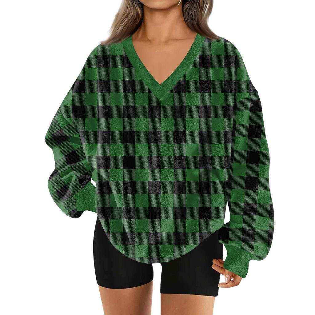 Женский модный пуловер с V-образным вырезом, рождественским принтом, длинным рукавом, повседневный, плюшевый, теплый, с карманом, толстовка, топ