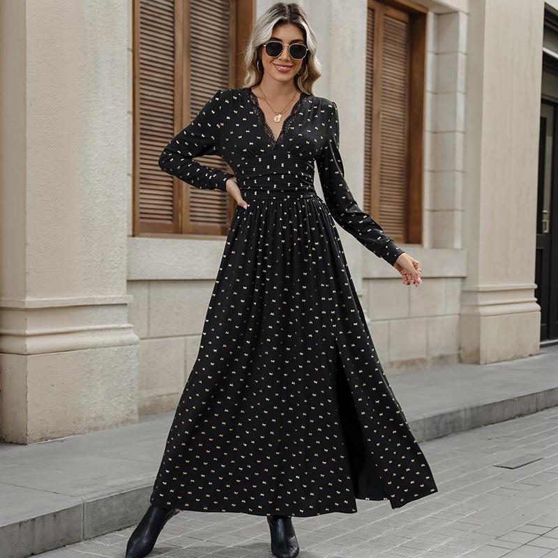 YYFS Женская мода весна осень длинные рукава V-образный вырез высокая талия повседневные платья