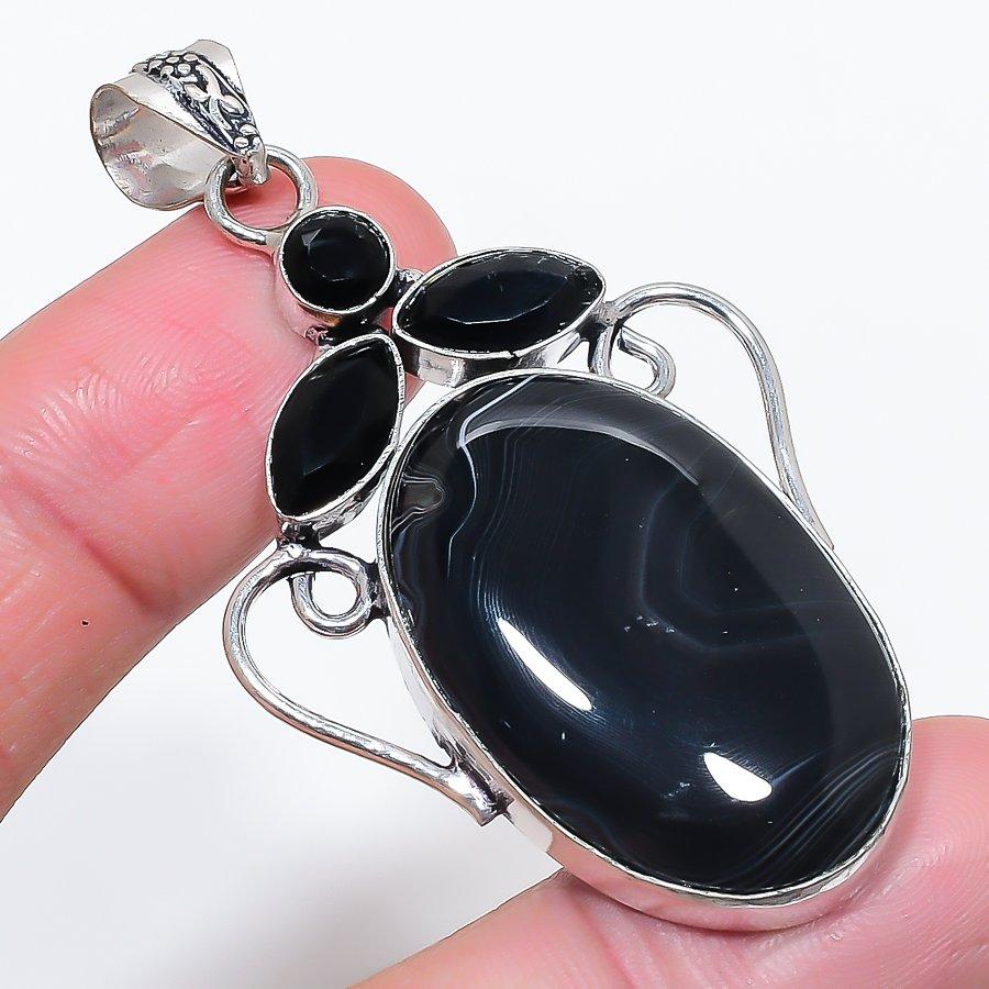 Natural Banded Agate, Spinel 925 Sterling Silver Jewelry Pendant 2.56" F2Z38