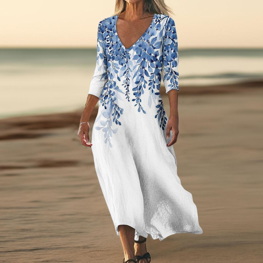 Платья для женщин Винтажный принт Туника с завышенной талией Миди-платье Летнее повседневное Платье с рукавом 3/4