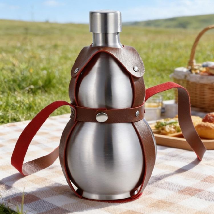 Silver 500ml Stainless Steel Travel Gourd Shape Water Bottle With Practical Carry Leather Strap Whiskeys Liquor Flask