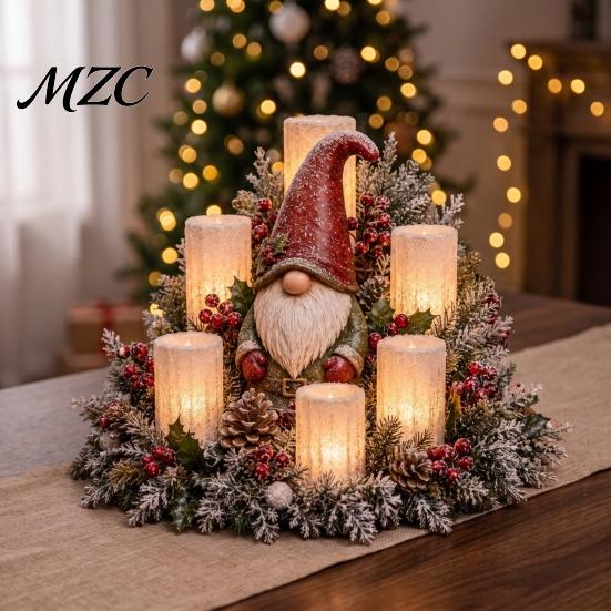 Festive Home Accents Christmas LED Candle Centerpiece with Artificial Cedar Pine Cones And Red Berries, Table Flameless Winter Holiday Decoration for
