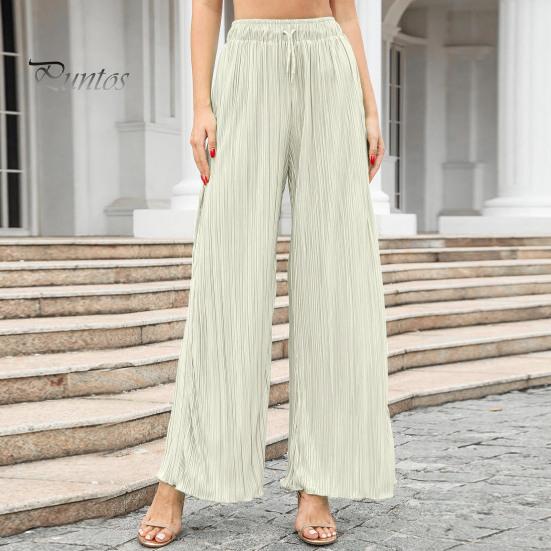 Женские повседневные брюки с эластичной резинкой на талии, длинные брюки с регулируемым шнурком, плиссированные тканевые свободные брюки, уличная одежда