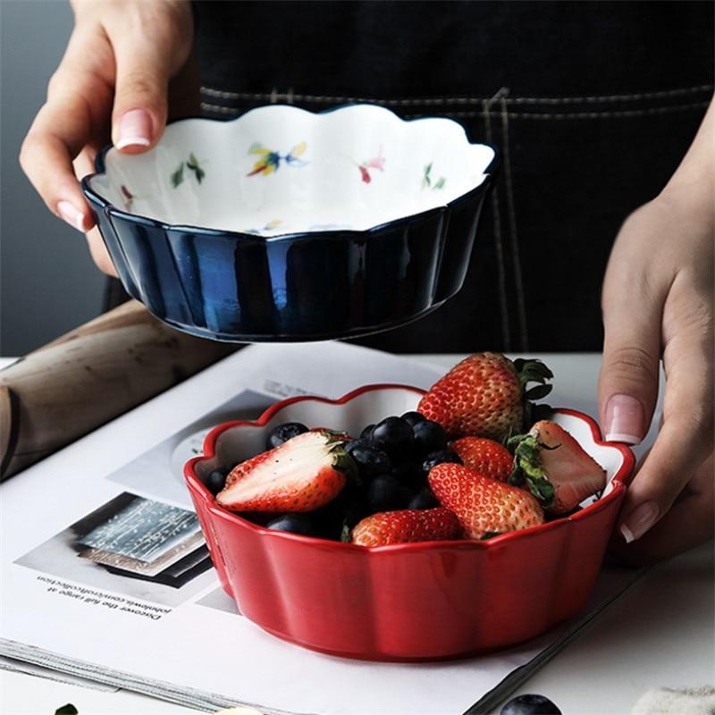 Скандинавская простая керамическая миска для торта с ручной росписью, красочная фарфоровая миска для супа с фруктами, кружевная миска для риса с закусками, посуда