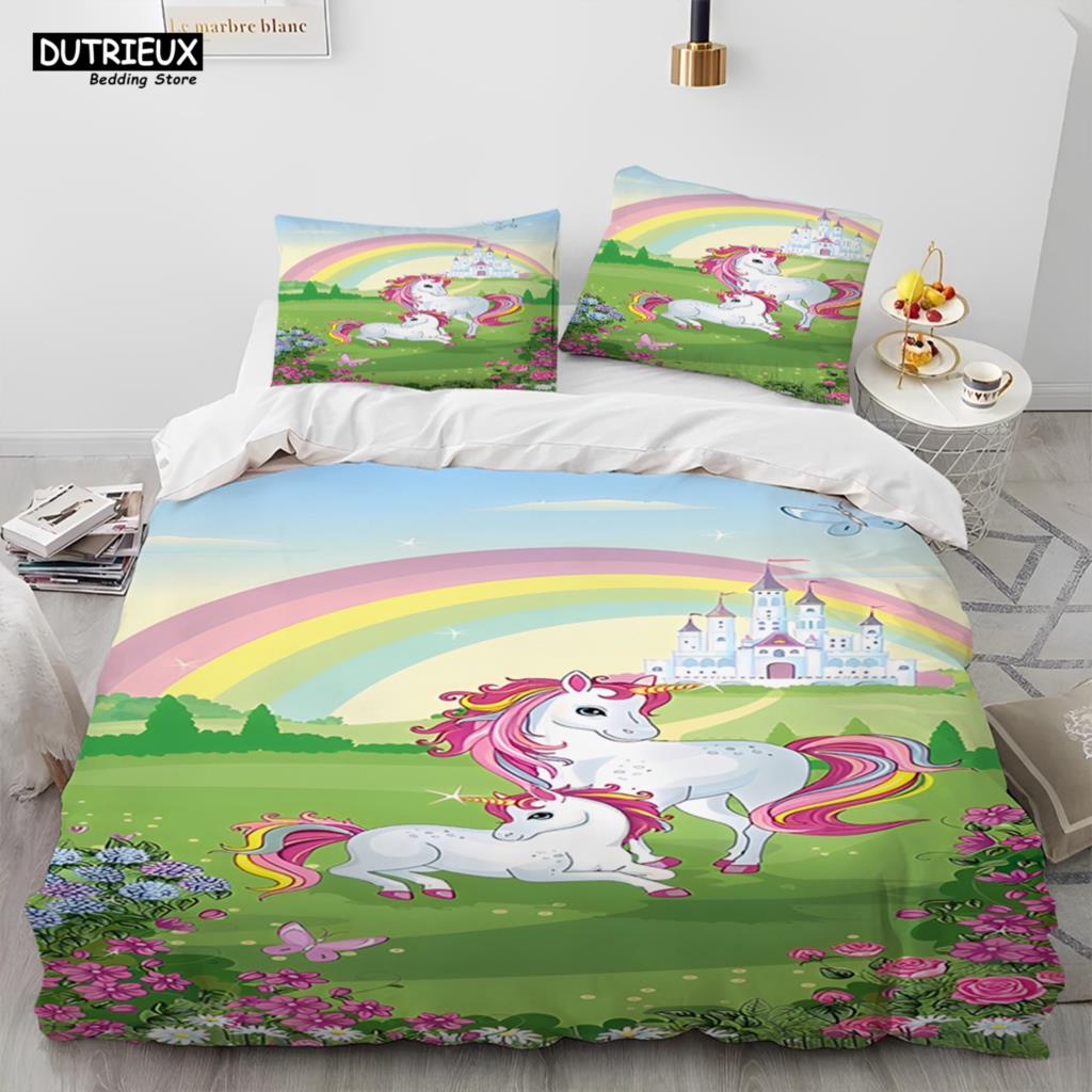 Unicorn Cute Cartoon Comforter Bedding Set,Duvet Cover Bed Set Quilt Cover Pillowcase,Queen Bedding Set For Child Boy Girl Gift