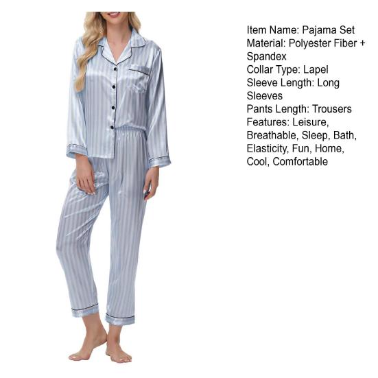 Женский комплект пижамы из 2 предметов из шелкового атласа с лацканами, топ и брюки в полоску, свободный