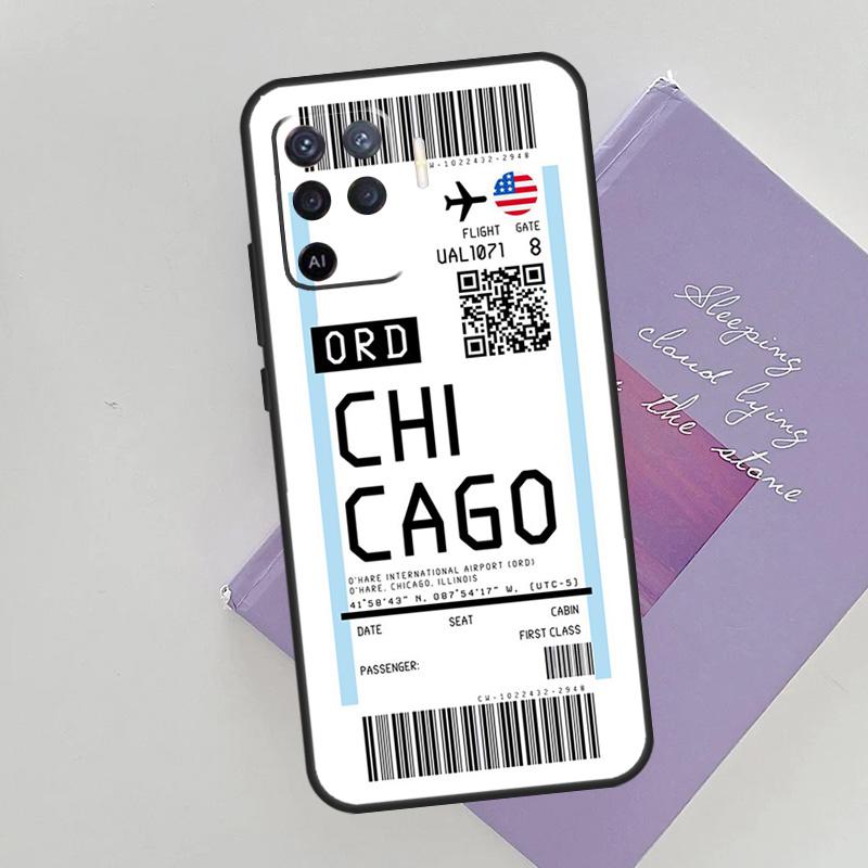 London New York Miami Flight Ticket Phone Case For Oppo A54 A74 A94 A15 A16 A17 A52 A72 A76 A96 A57 A58 A78 A98 A53S Cover Case