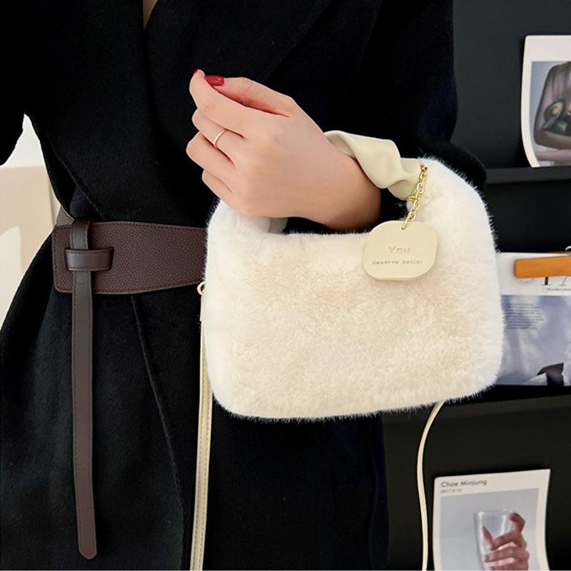 Yogodlns Women Faux Fur Plush Handbags Ruched Handle Small Lady Shoulder Crossbody Bag Casual Half-Moon Hobos Winter Bags for Women