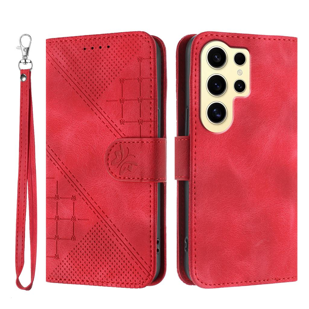 For Samsung Galaxy S24 Ultra Leather Wallet Case Butterfly Flower Imprinted Phone Cover with Strap