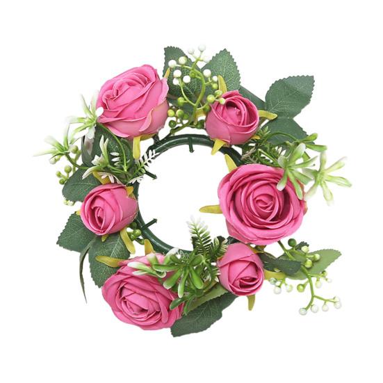 Mini Artificial Wreath Candle Ring Realistic Faux Rose Garland with Plastic Base Candle Wine Decoration Weddings Party Dining Table Centerpiece