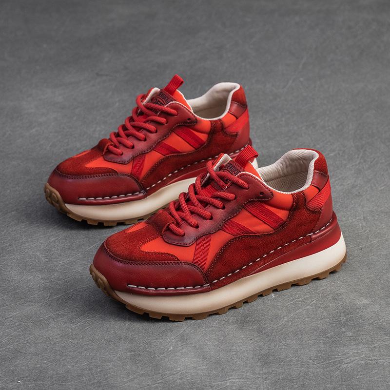 2024 Spring New Genuine Leather Sneakers Casual Sports Shoes Round Toe Lacd-up Retro Versatile Women's Flat Shoes