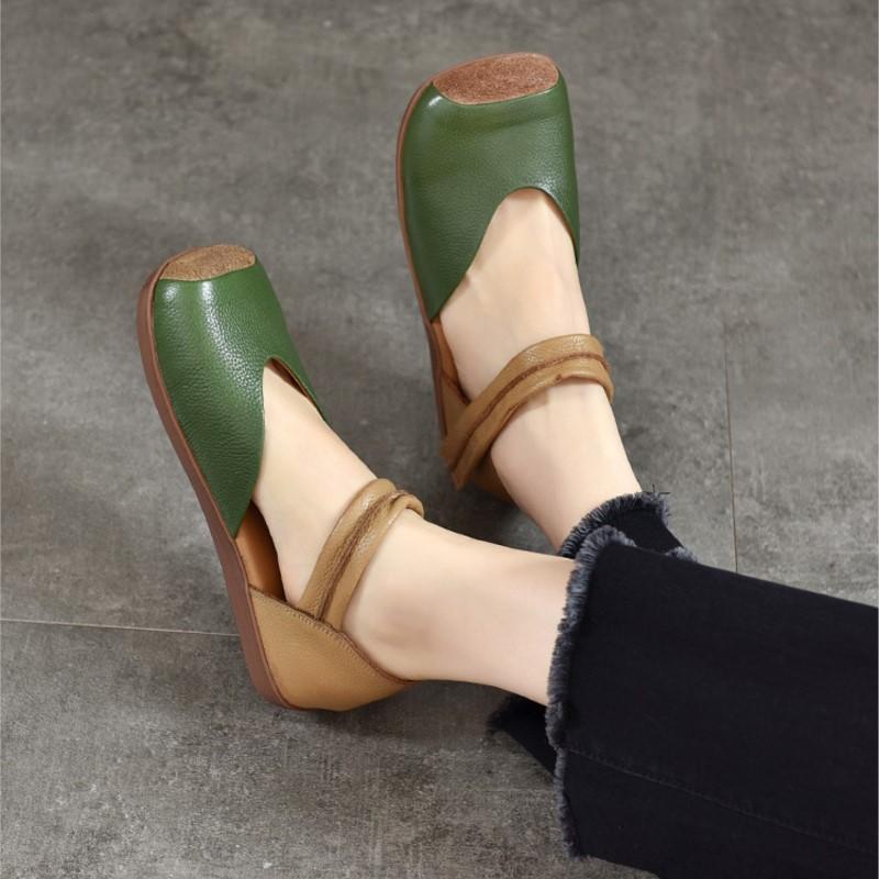 Johnature Mixed Colors Genuine Leather Sandals Retro Square Toe Soft Sole Versatile Women's Flat Shoes