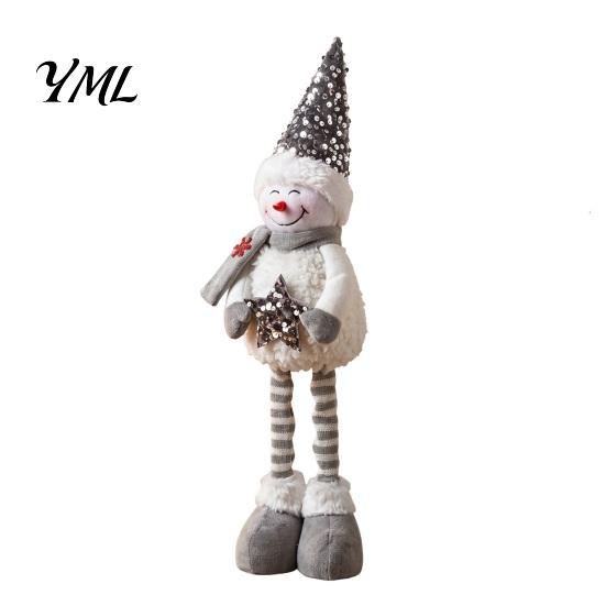 Stuffed Snowman Tabletop Decor Christmas Plush with Extendable Legs, Sequins Hat Holding Star Winter Home Doll, Standing Long Legs Xmas Decoration
