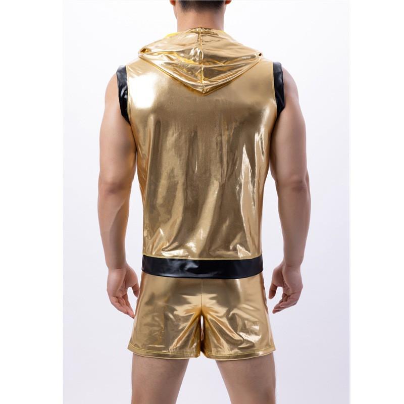 Mens Shiny Gold Leather Wrestling Set Muscle Tank Top Shorts Gladiator Costume