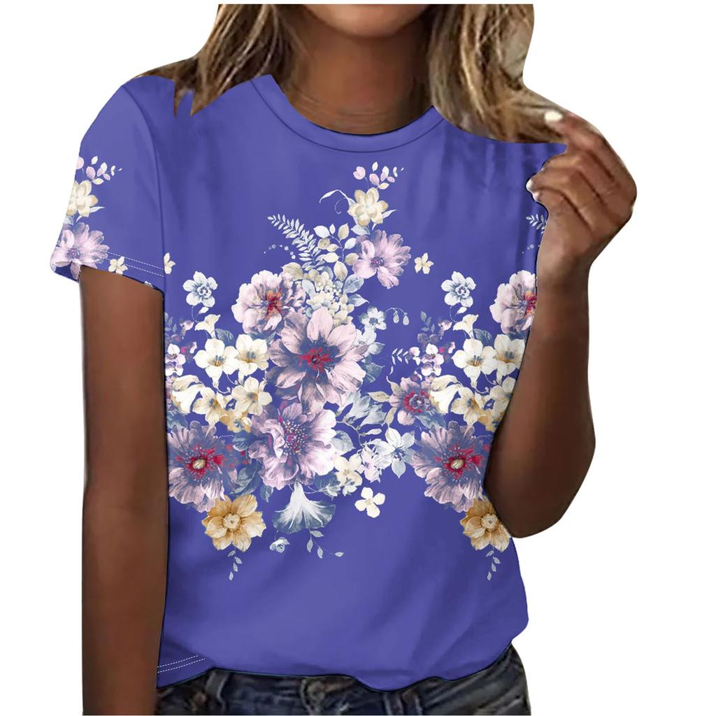 Summer Round Neck Beautiful Floral Print Top Fashionable Casual Short Sleeved Women's T-shirts