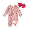 Infant Girl Valentine's Day Jumpsuit with Bow Headband Long Sleeve Ruffled Heart Print Zip Up Romper