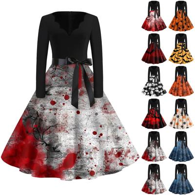 Женская мода с v-образным вырезом, повседневные тонкие платья с длинными рукавами и принтом на Хэллоуин