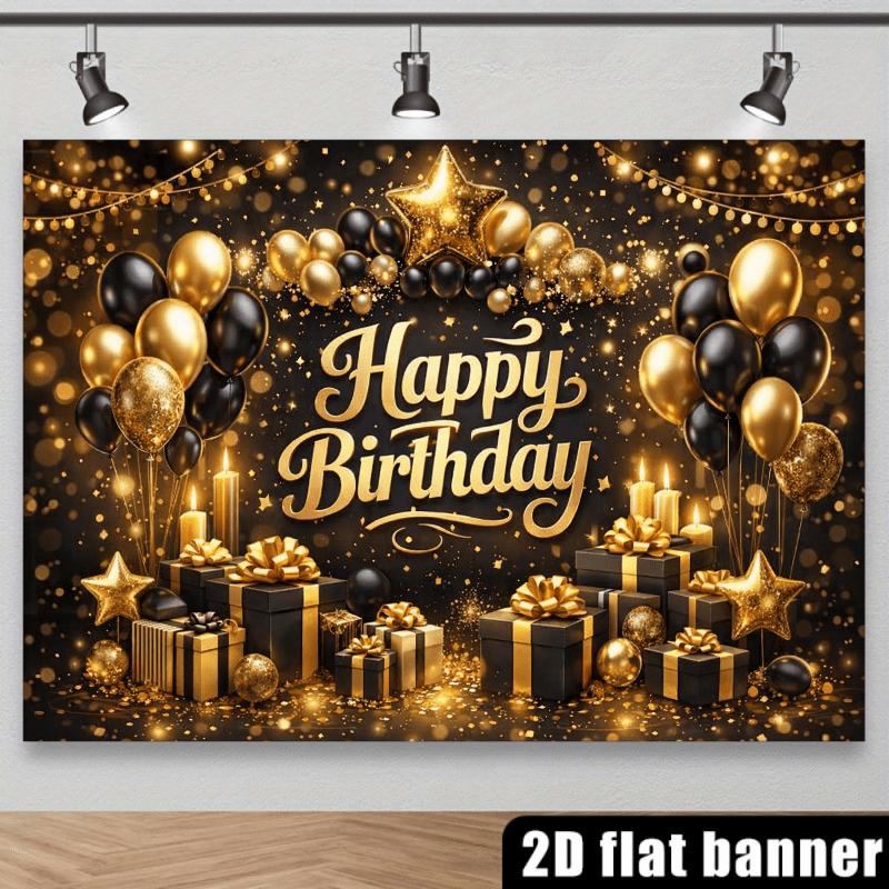 2D planar vibrant black and gold theme birthday backdrop fabric dark black curtain golden tassel drapes zyc