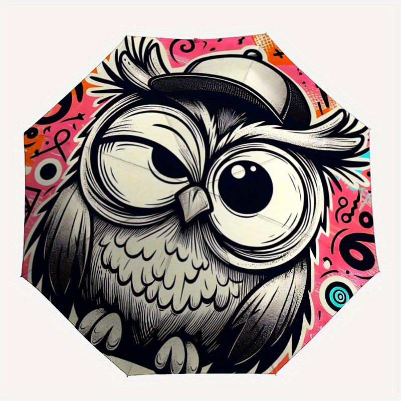 1pc Owl Art Automatic Open/close Umbrella, 8-Rib sturdy structure, Portable Travel Umbrella, Parties, Everyday Use, Outdoor Accessory, Artis