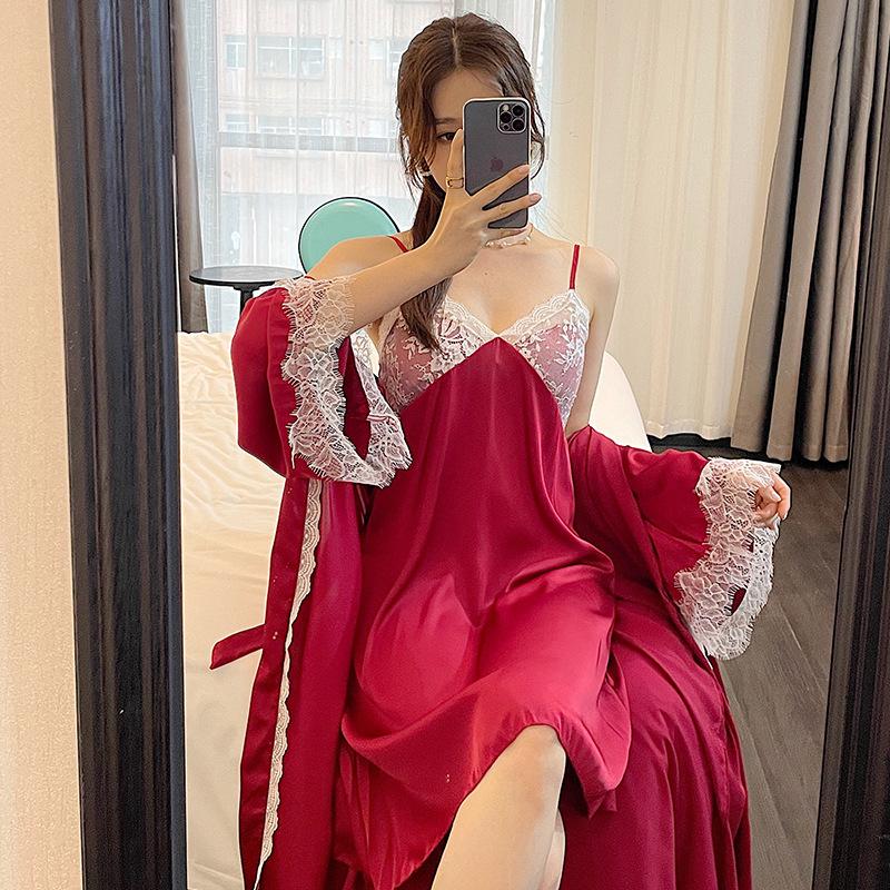 1011 ночная рубашка с кружевной отделкой и длинными рукавами, платье-комбинация, весенне-осенний комплект из двух предметов, тонкий ледяной шелк, женская одежда для отдыха, пижама