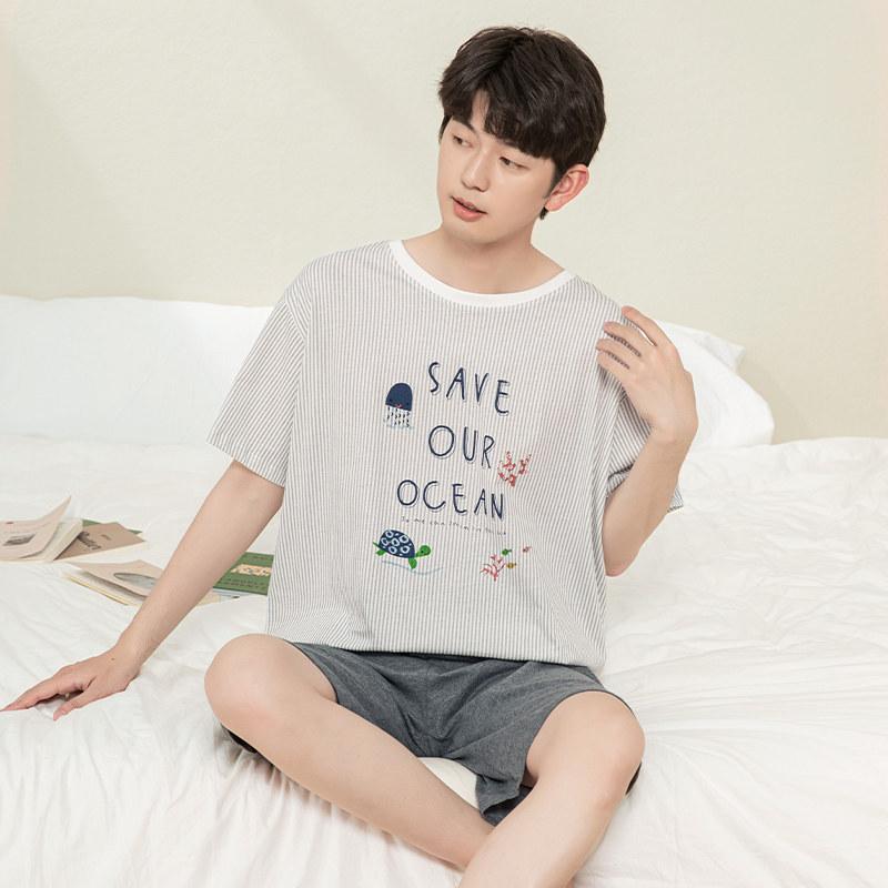 Young men's summer pure cotton round neck short sleeved shorts, men's and children's home sleepwear set from Ingersoll Rand