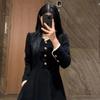 Women's Large Hepburn-Style Black Corduroy Dress: 2024 Autumn/Winter, Waist-Slimming Mid-Length