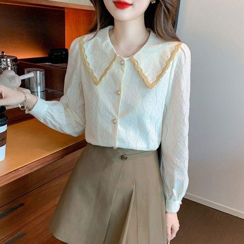 Женская шифоновая блузка с воротником Питер Пэн на весну и осень 2025 года - Новая модная кружевная рубашка