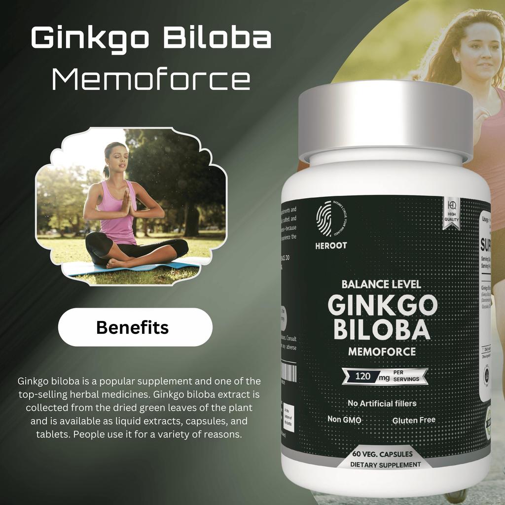 Heroot Ginkgo Biloba Extract 120mg – Herbal Supplement for Memory, Focus & Wellbeing – 60 Veg Capsules