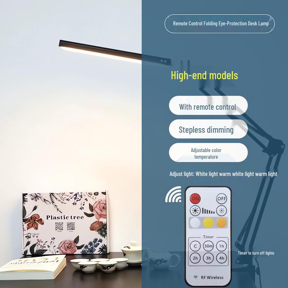 Светодиодная складная настольная лампа с дистанционным управлением и длинным плечом, с защитой глаз для освещения учебы или общежития, питание от USB, с клипсой