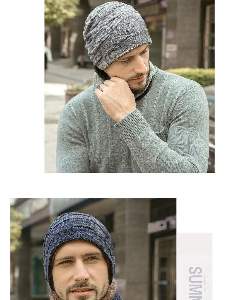 Мужской европейский и американский зимний комплект шапка-бини и шарф: Плотная вязка с бархатной подкладкой