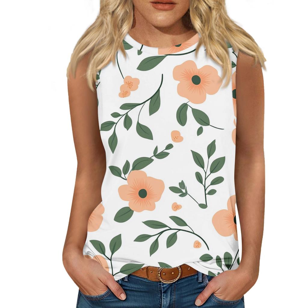 Women's Casual Round Neck Printed Sleeveless Vest Tops Vest