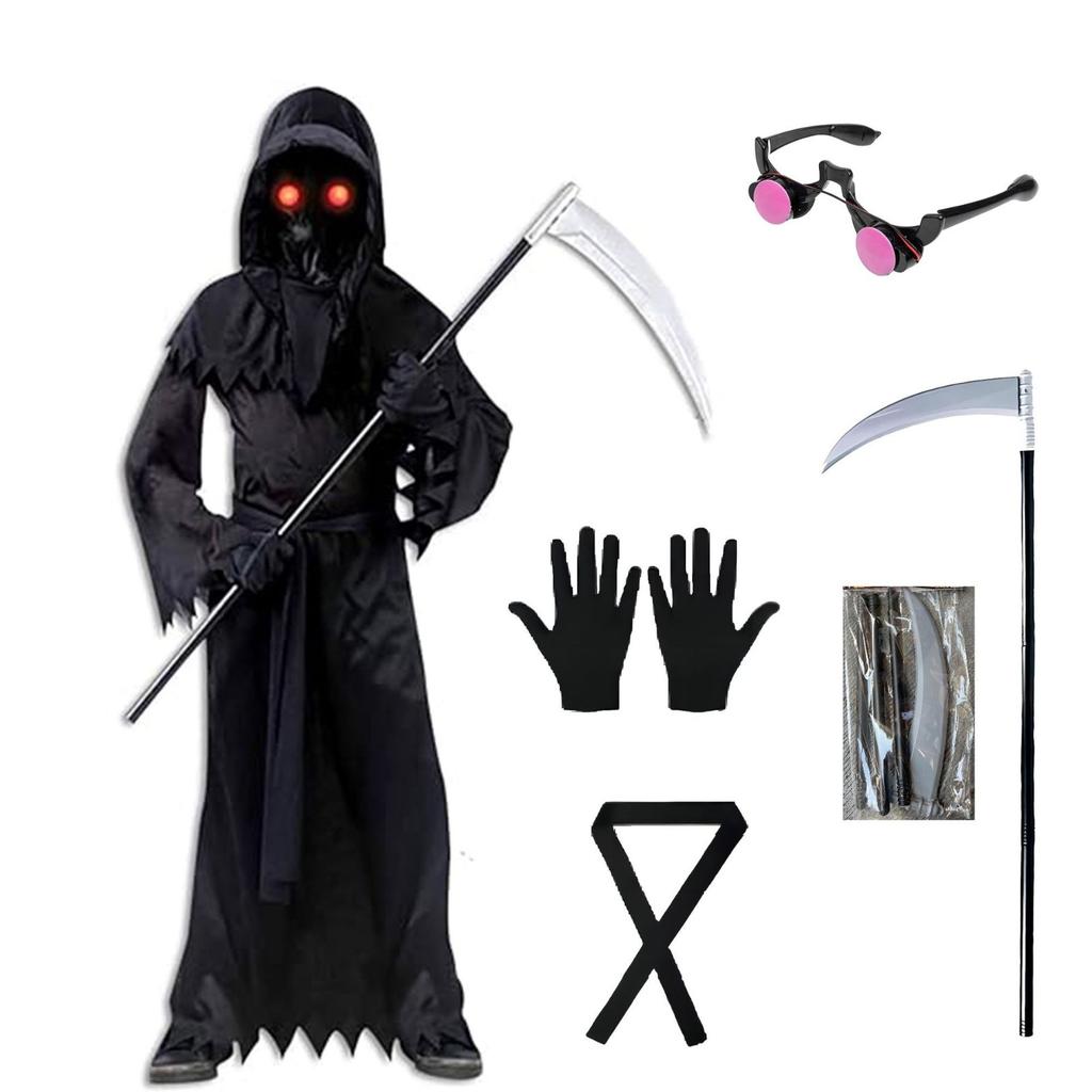 5-Pieces Set Horror Death Suit, Luminous Glasses, Sickle, Stage Performance Suit, Children Cosplay Costume Suit