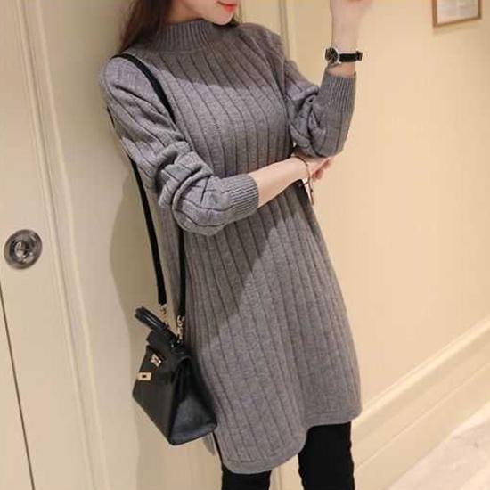 Женское зимне-осеннее трикотажное платье с высоким воротником, вязаный топ, однотонная юбка-свитер, утолщенная