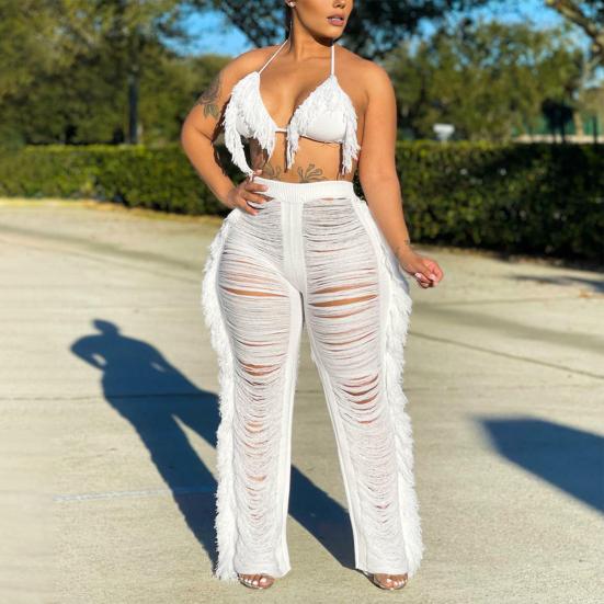 Женский укороченный топ и брюки из 2 шт./компл., комплект с бретелькой на шее и шнуровкой, пляжный бюстгальтер для отпуска, высокий