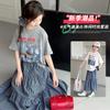 Girls' summer plaid skirt set, children's Korean style casual loose short sleeved shirt, big children's half skirt two-piece set