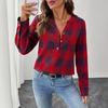 Женская рубашка с V-образным вырезом, на пуговицах, с полупланкой, длинным рукавом, пуловер, клетчатый узор, повседневная, обычного кроя, офисная