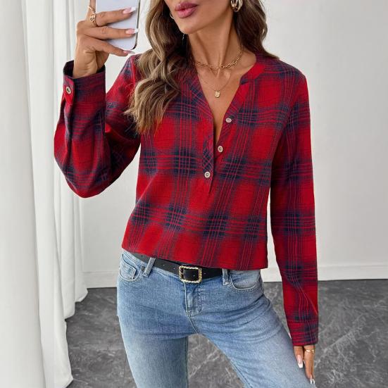 Женская рубашка с V-образным вырезом, на пуговицах, с полупланкой, длинным рукавом, пуловер, клетчатый узор, повседневная, обычного кроя, офисная