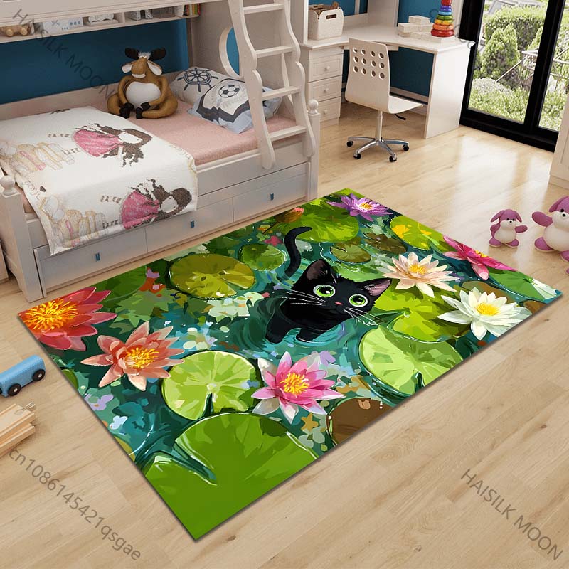 Multiple sizes Black cat in lily pond Carpet for Living Room Bedroom Sofa Home Decor Rus Non-slip Floor Mat Luxury Gift