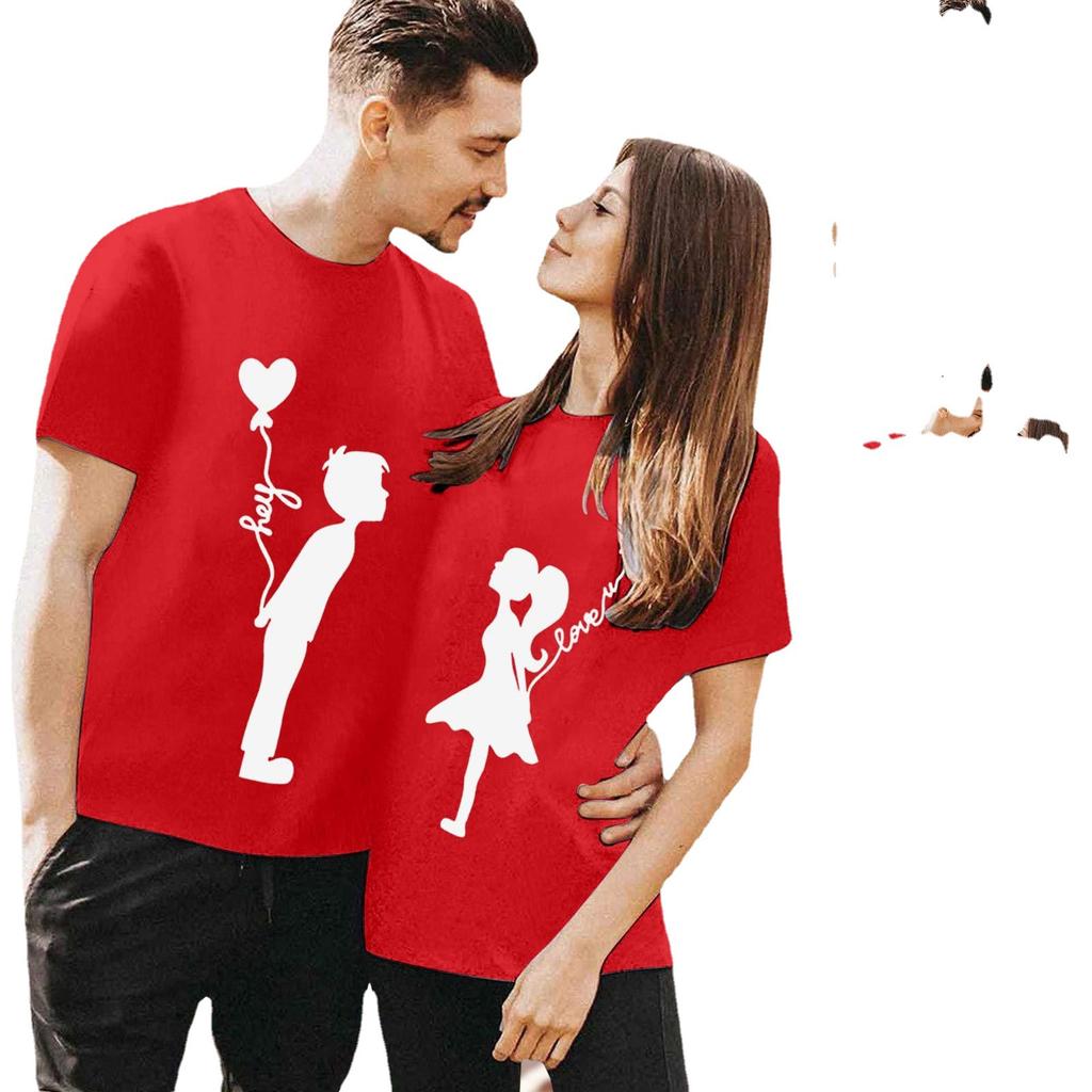 Polyester 100% Valentine's Day T-shirts for Couples, Short-sleeved, Versatile, Round-neck, Cute Printed Designs for Both Men Women