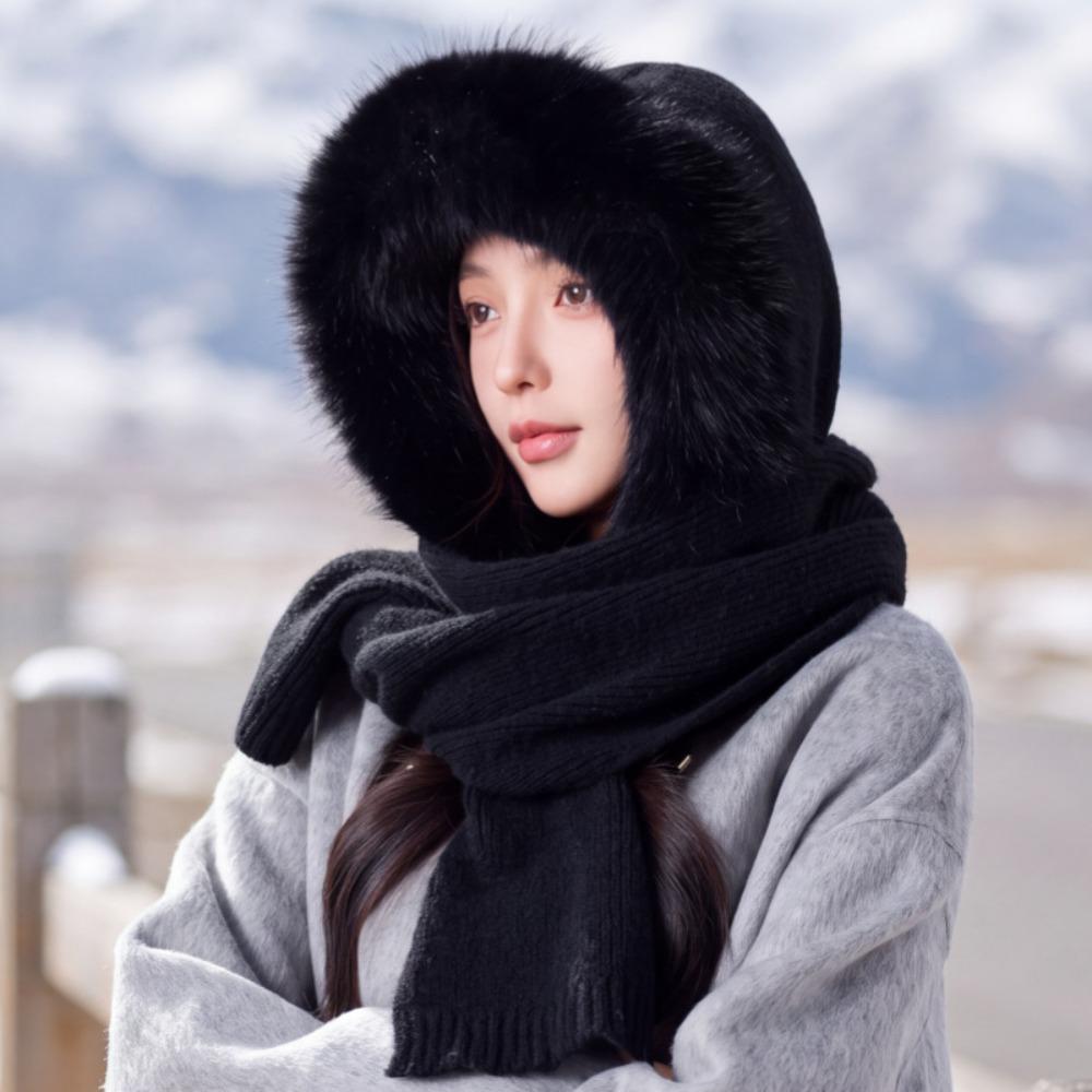 Plush Knitted Balaclava Hat Wool Blend Hat and Scarf 2-in-1 Knitted Hooded Scarf Winter/Autumn