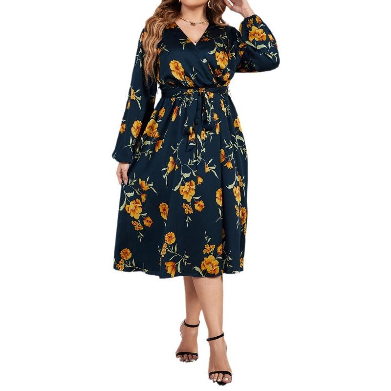 Long Sleeve V-neck Floral Print Dress for Women High Waist Slim Comfortable and Breathable Dress Casual Beach Vacation Plus Size Long Dress