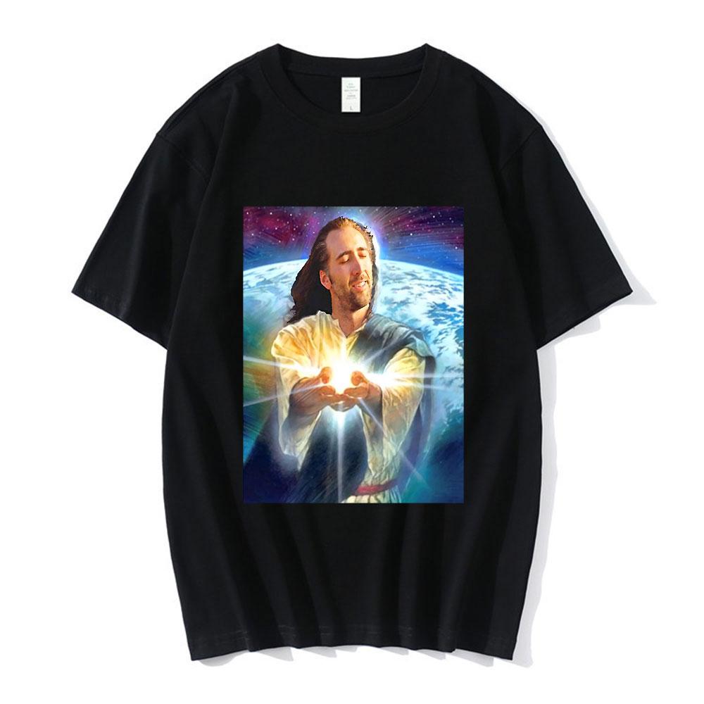 Nicolas Cage Moshi Moshi Jesus Desu T-Shirt Men Funny Meme Picolas Cage Awesome T-shirts Polyester Short Sleeve T Shirt Clothing
