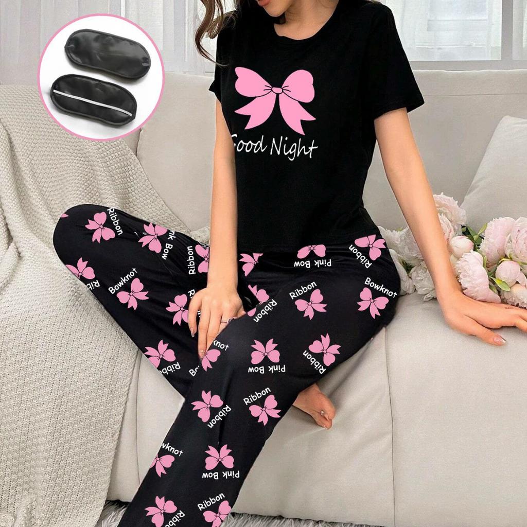 Пижамный комплект весна-лето для женщин с принтом в виде сердца, топ с короткими рукавами и длинные брюки, пижама с повязкой на глазу, повседневная свободная мягкая домашняя одежда