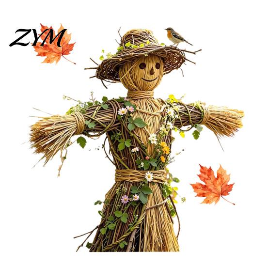 Creative Thanksgiving Gift Scarecrow Window Stickers with Realistic Maple Leaf, Pastoral Decals, Waterproof Durable Film PVC Static Clings for