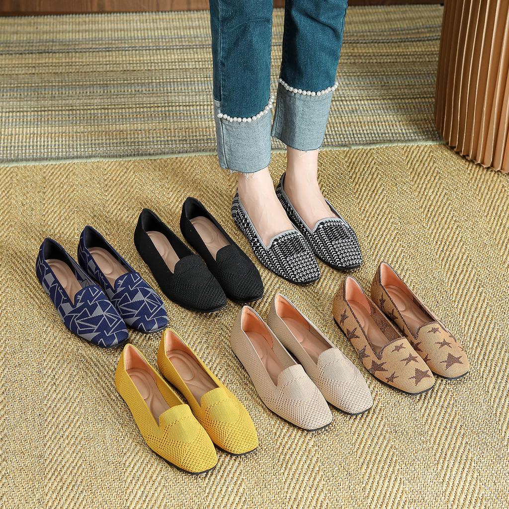 Shoes Single Shoes Women'S Deep Mouth Flying Shoes Woven Shoes Square Head Flat Bottom Knitted Large Size Egg Roll Shoes