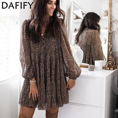 Женская мода с леопардовым принтом, летняя весна, повседневные платья с длинным рукавом и v-образным вырезом