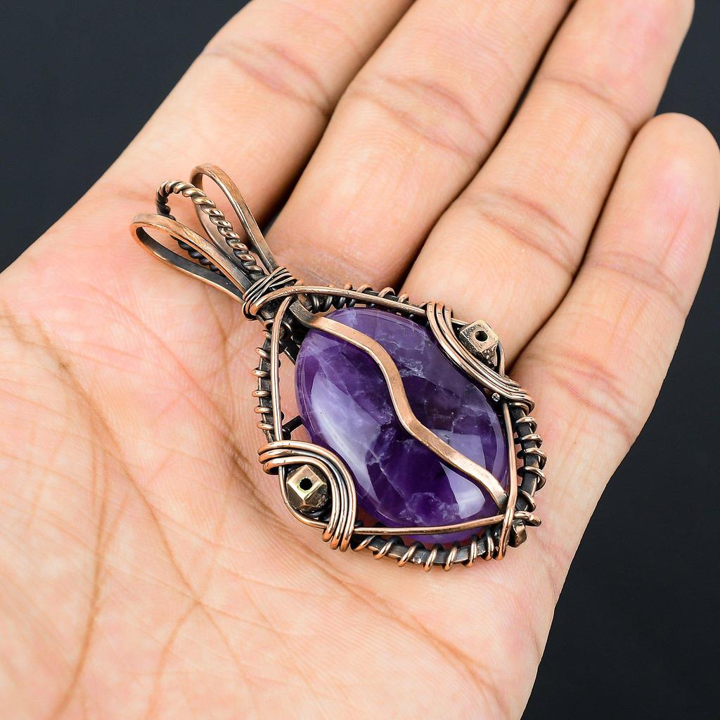 Аметистовый кулон, ювелирное изделие из драгоценного камня, кулон, обернутый медной проволокой 999 пробы, подарок для женщин, кулон ручной работы
