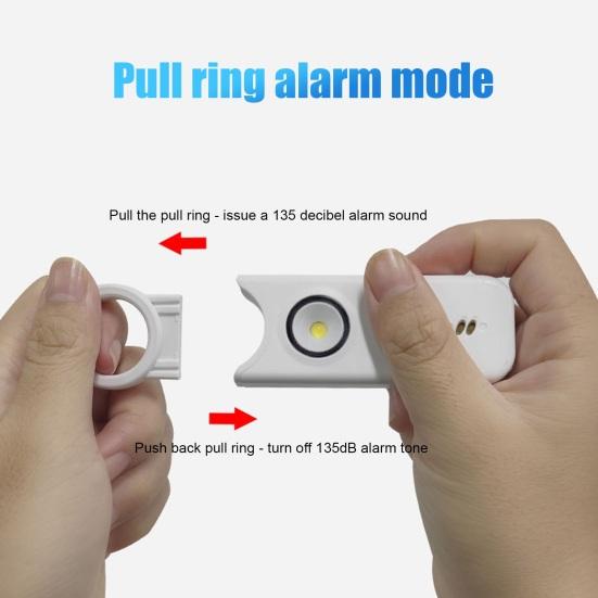 Женская личная сигнализация безопасности 135 дБ громкий звук Type-C перезаряжаемый портативный брелок с вытяжным кольцом и стробоскопом