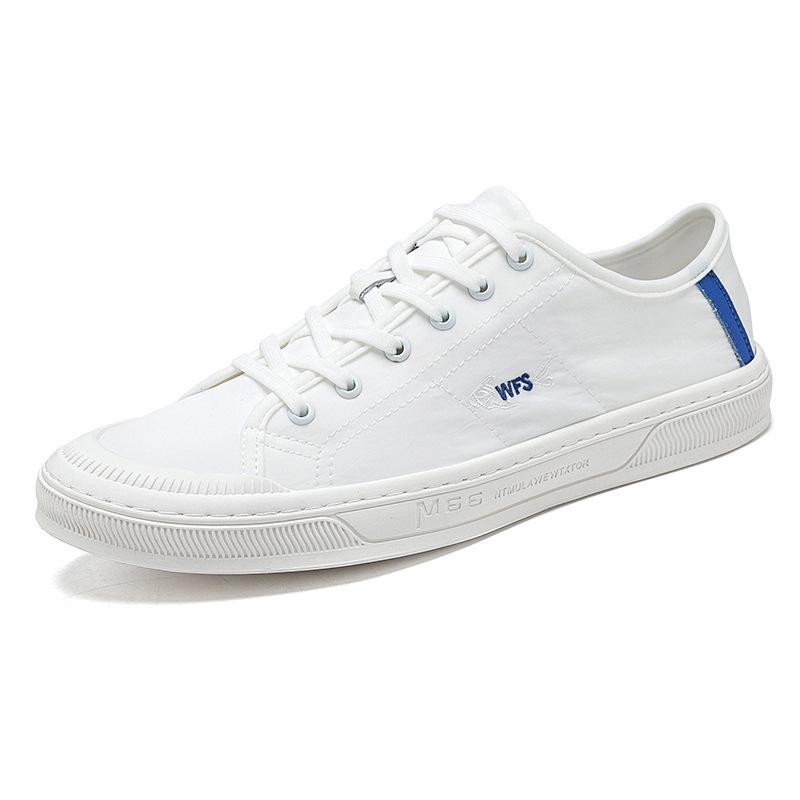 Four Seasons Men's White Canvas Shoes: Korean Style, Casual, Breathable, Lace-up, Low-top Fashion Sneakers.
