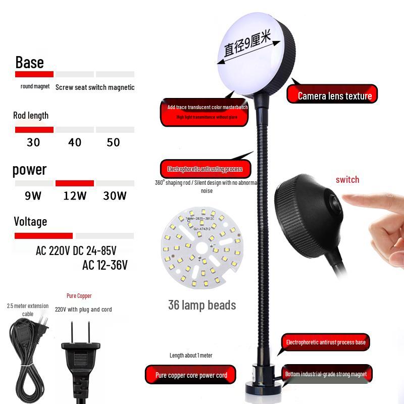 220V LED Work Light with Magnetic Base for Lathe, Punch Press, Injection Molding, and 24V Equipment
